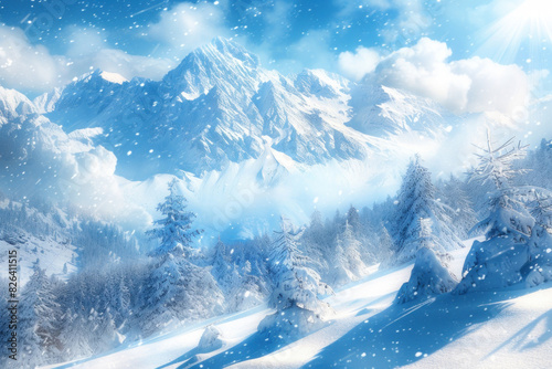 Majestic snowy mountains under a brilliant blue sky, with snow-covered trees and gentle snowfall