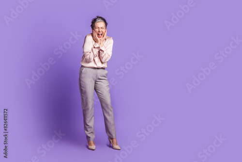 Full length photo of lovely senior lady frightened scream dressed stylish satin garment isolated on violet color background