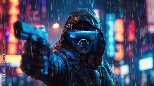 Cyberpunk man warrior in virtual reality glasses technology holding a gun in night city. Generate AI