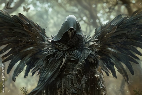 Dark, enigmatic fantasy being with majestic black wings stands amidst a mystical, foggy woodland photo