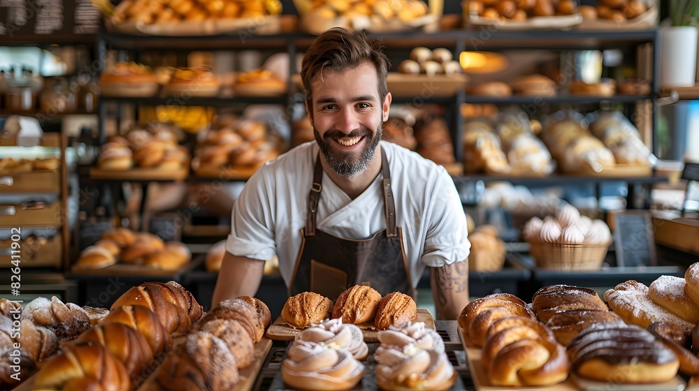Thriving Bakery Owner Proudly Displays Freshly Baked Pastries Local Business Success and Achievement Concept