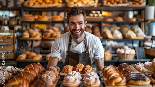 Thriving Bakery Owner Proudly Displays Freshly Baked Pastries Local Business Success and Achievement Concept