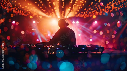 Energetic DJ playing music in front of colorful lights at night club, with silhouettes and bokeh effect on the background. Music festival concept. photography shot using Canon EOS R5 T2.3/800 F9 ISO40 photo