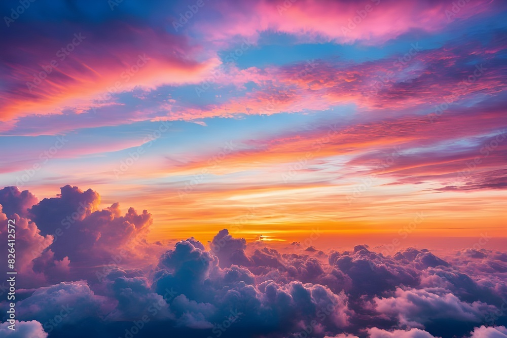 Naklejka premium A breathtaking sunrise, warm glow fluffy clouds. serene sky in pink, orange and blue, tranquility of dawn. beauty of nature and peacefulness, ideal for wellness and travel, generative ai
