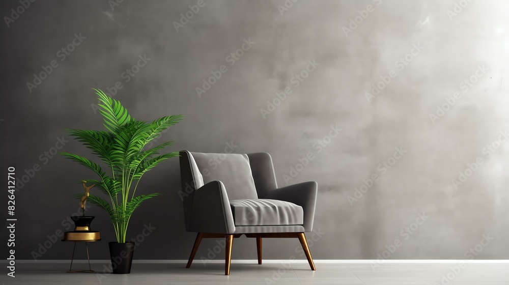 Fototapeta premium modern minimalistic living room interior dark empty mockup grey concrete wall and chair with plant in vase lamp mock up background