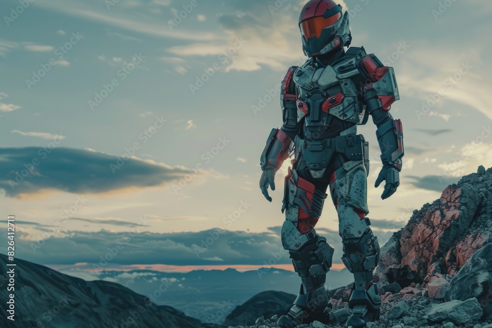 Futuristic soldier with red and black armor on rocky terrain, mountains in the background. Futuristic soldier with red and black armor on rocky terrain, mountains in the background.