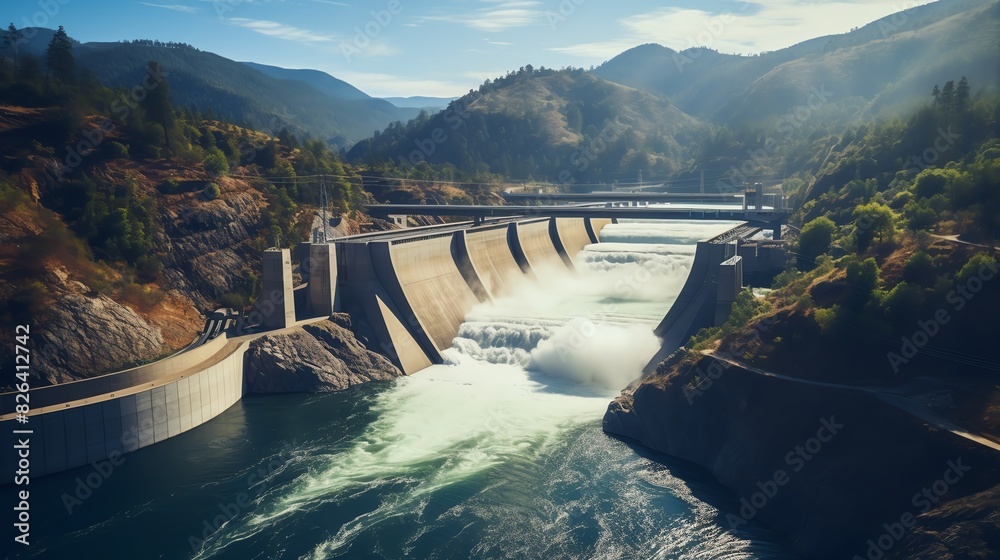 Hydroelectric power dam on a river in mountains, aerial view Hydroelectric power dam on a river in mountains, aerial view