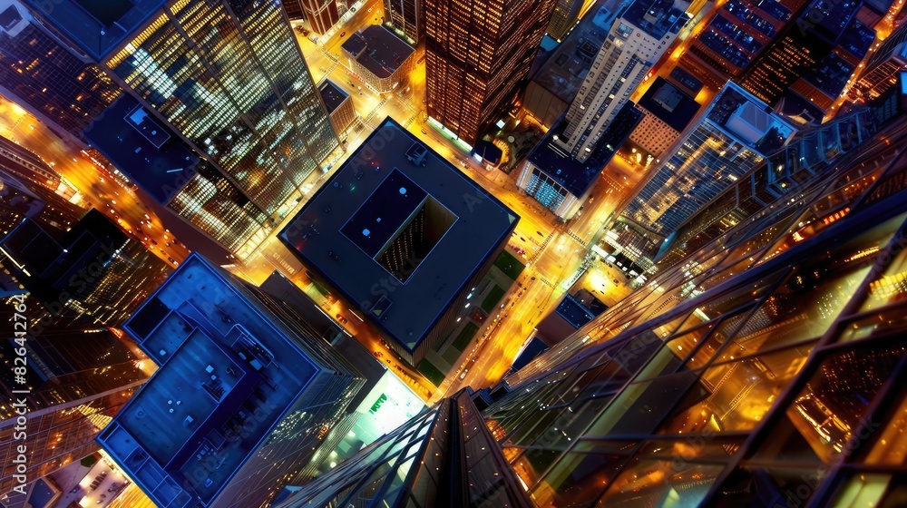 Aerial view of a brightly lit urban cityscape at night, showcasing tall illuminated buildings and streets with glowing lights in various colors. Aerial view of a brightly lit urban cityscape at night, showcasing tall illuminated buildings and streets with glowing lights in various colors.