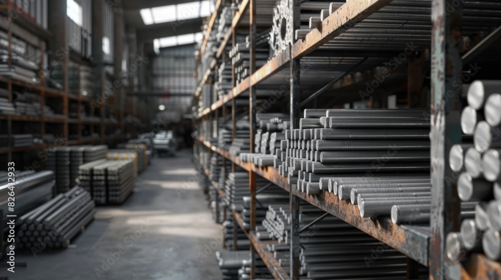 Many packs of rolled metal bars on the shelves in a factory warehouse storage. Generated AI image