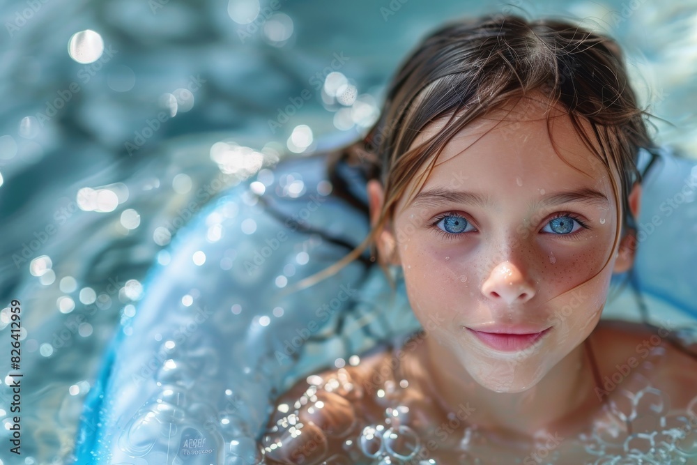 beautiful little girl in inflatable pool circle, summertime beautiful little girl in inflatable pool circle, summertime