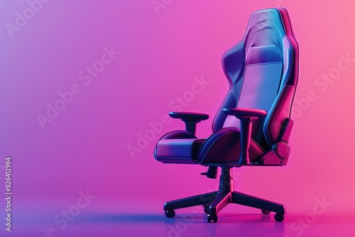 Gaming chair on purple and pink gradient background, gaming and streamer concept.