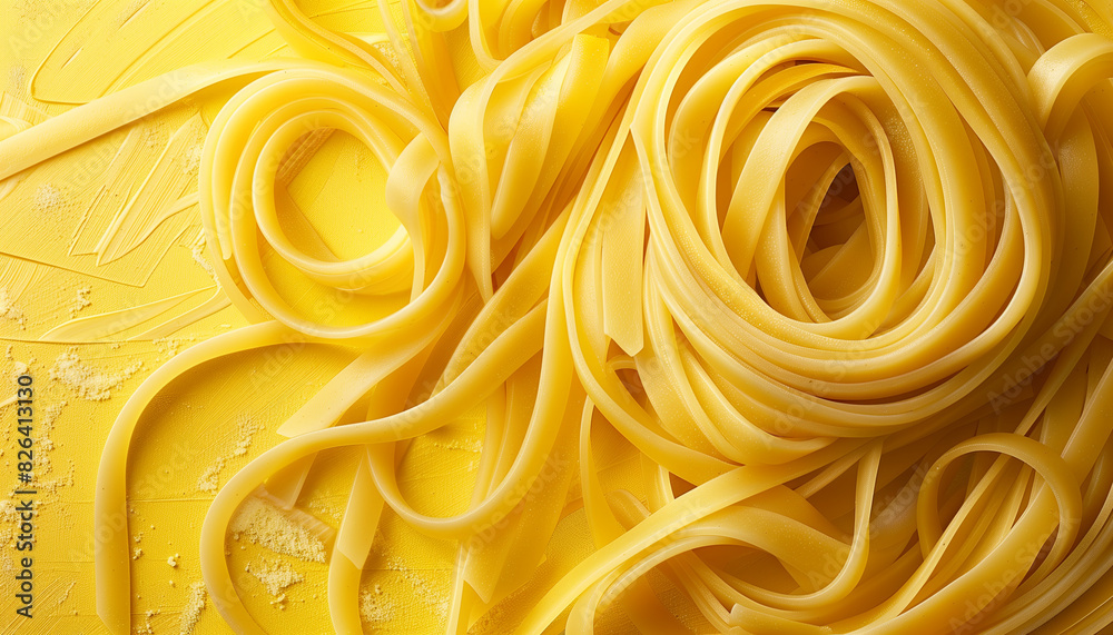 Close-up image capturing the essence of national linguine day, featuring swirls of fresh, uncooked linguine pasta laid out on a vibrant yellow background Close-up image capturing the essence of national linguine day, featuring swirls of fresh, uncooked linguine pasta laid out on a vibrant yellow background