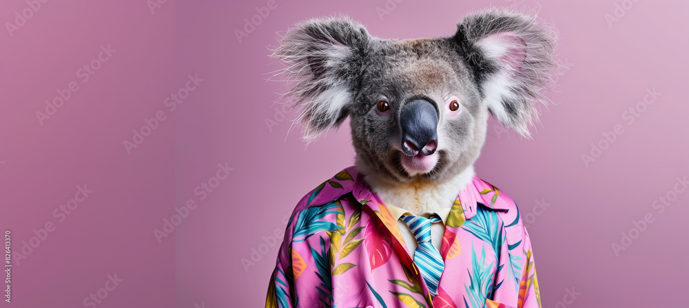 Creative Animal Concept: Koala Wearing Colorful Tropical Shirt and Tie Isolated on Pink Background - Ideal for Advertisement, Copy Space, Birthday Party Invitations