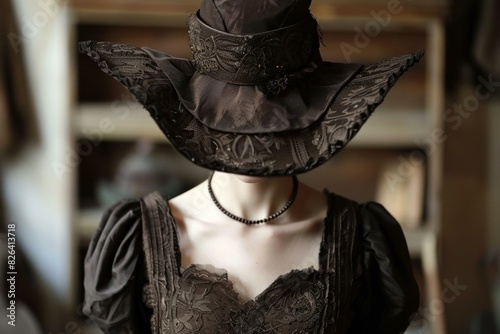 Closeup of a woman adorned in a stylish victorian hat and elegant lace dress, exuding classical beauty