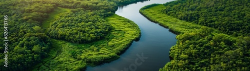 River delta with branching waterways, surrounded by lush greenery and wildlife, ideal for ecological and environmental concepts, isolated background.