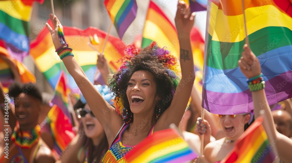 Crowd celebrating with rainbow flags at a public event Crowd celebrating with rainbow flags at a public event