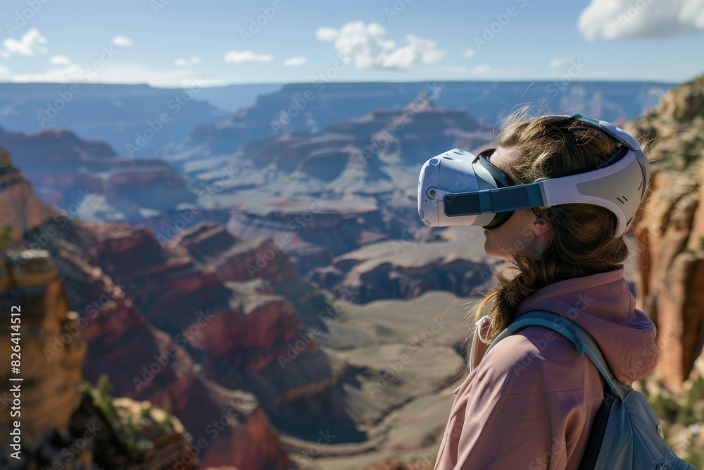 Person with virtual reality glasses on top of a canyon, canyons in the background, artificial intelligence concept, futuristic.