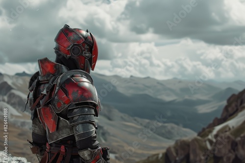 Futuristic soldier with red and black armor on rocky terrain, mountains in the background.
