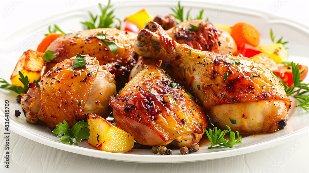 Plate of roasted chicken with vegetables on a white background Plate of roasted chicken with vegetables on a white background