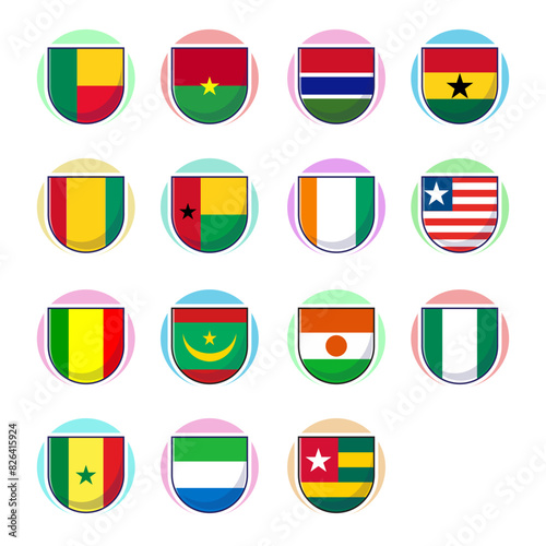 West African countries flags. Flat shield vector element design, travel symbols, landmark symbols, geography and map flags emblem.