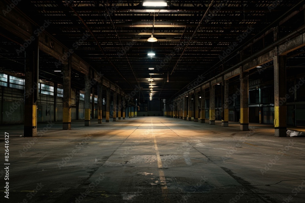 Exploring the eerie and atmospheric interior of an abandoned industrial warehouse with dark, moody lighting, empty spaces, and aged pillars