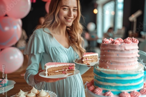 Expectant mother holding a slice of cake  celebrating a baby shower with decorations