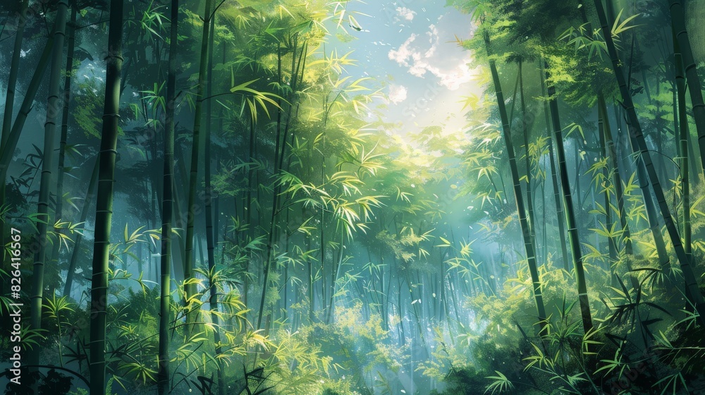 Fototapeta premium A dense bamboo forest with tall, slender bamboo stalks reaching up towards the sky, creating a calming and serene atmosphere.