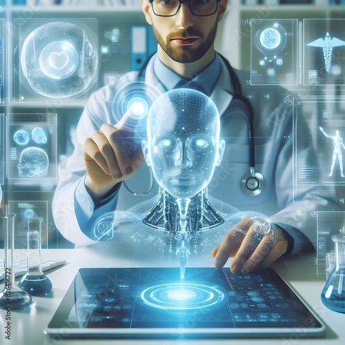 doctor using artificial intelligence on virtual screen for medical research - future medicine healthcare laboratory concept