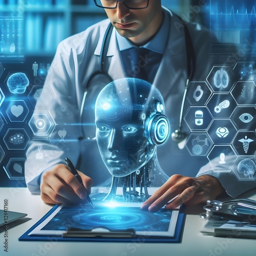 doctor using artificial intelligence on virtual screen for medical research - future medicine healthcare laboratory concept