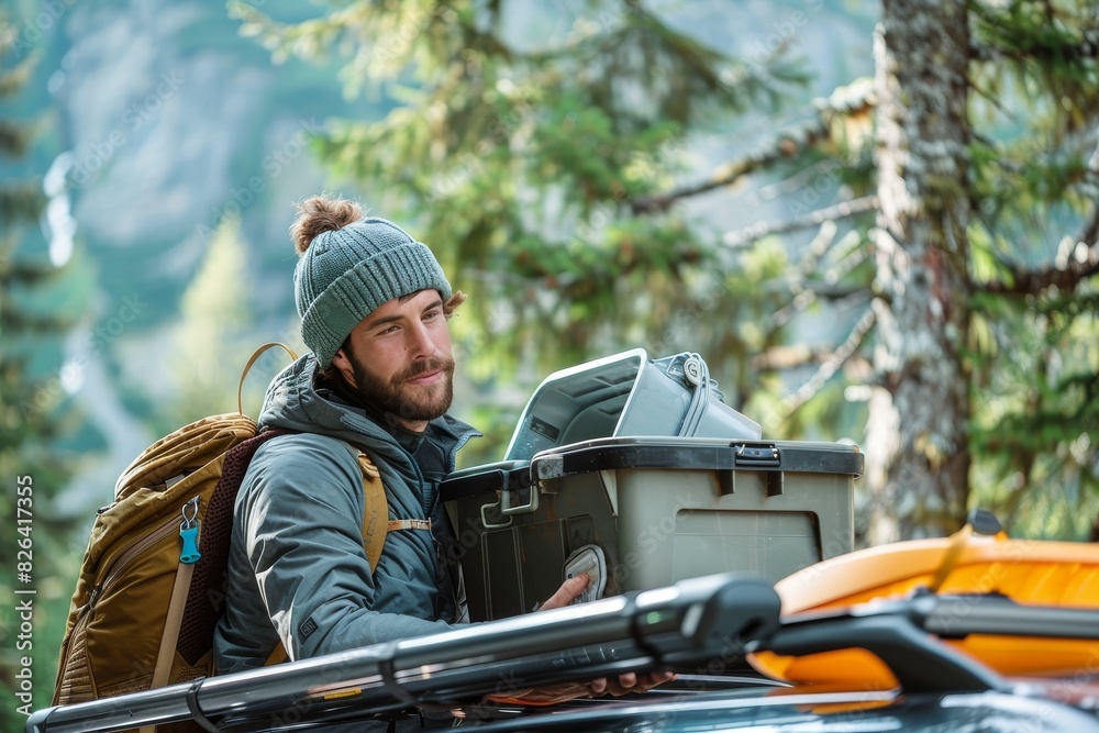 Contemplative man with backpack ensuring cargo is secure on a forested road Contemplative man with backpack ensuring cargo is secure on a forested road