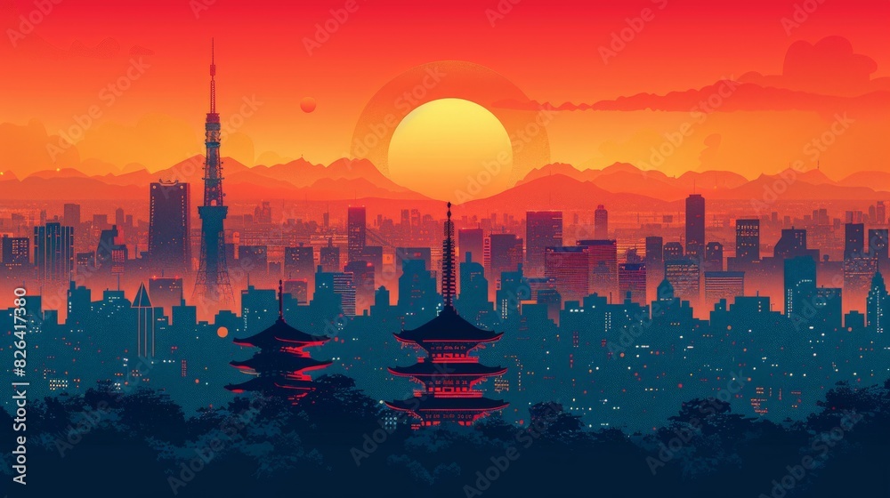 Naklejka premium A collection of cultural landmarks in Japan, including temples, shrines, and traditional buildings, illustrated in a cohesive and minimalist style.