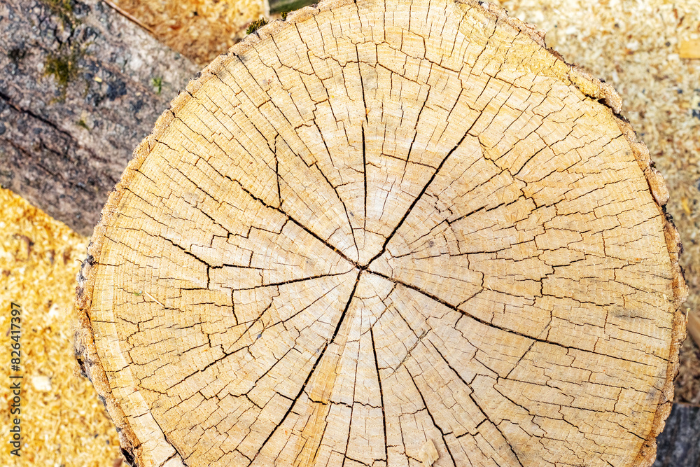 Cross section of a tree trunk with cracks, wood texture