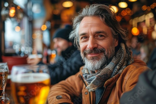 A handsome man with a scarf in a friendly demeanor enjoys a beer inside a warmly lit pub