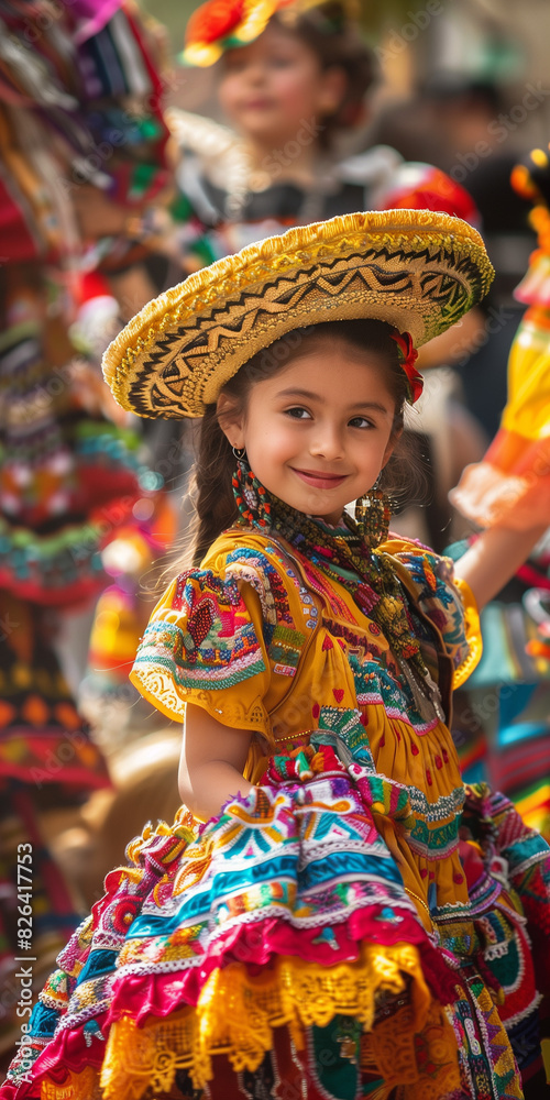 Young Girl in Colorful Traditional Mexican Dress Celebrating at a Cultural Festival