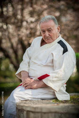 Legendary martial arts sensei in traditional gi kimono poses outdoors during spring
