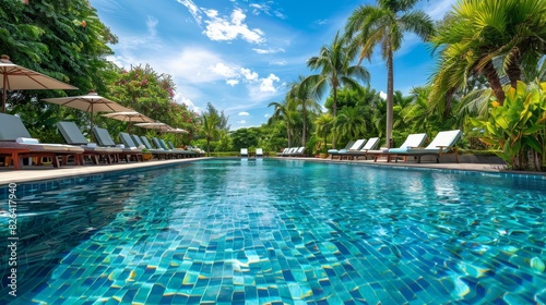 Outdoor hotel pool with clear blue water, sun loungers, and tropical plants, relaxing and luxurious ambiance, ideal for vacation and leisure themes, isolated background. photo