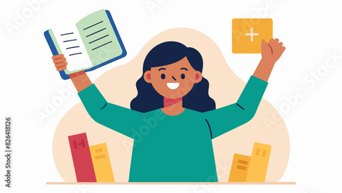 A participant holding up their completed worksheet proudly displaying their beautifully copied Bible verse to the rest of the group.. Vector illustration photo