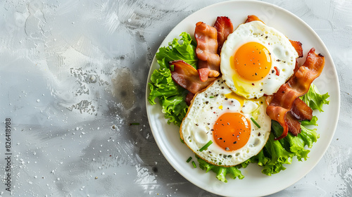 Fried chicken eggs and bacon beautifully presented. Perfect for promoting wholesome, healthy eating with essential vitamins and minerals. photo