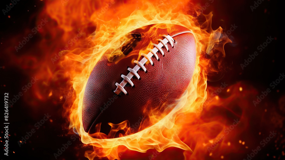 A vibrant image portraying a football engulfed in flames on a mysterious black backdrop A vibrant image portraying a football engulfed in flames on a mysterious black backdrop