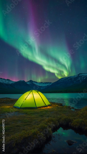 A glowing tent by a calm tranquil lake with the beautiful northern lights dancing in the sky