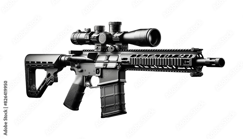 Sniper rifle gun  isolated on a white background. The rifle features a long, precision barrel, a high-powered scope, a sturdy stock, and detailed mechanica