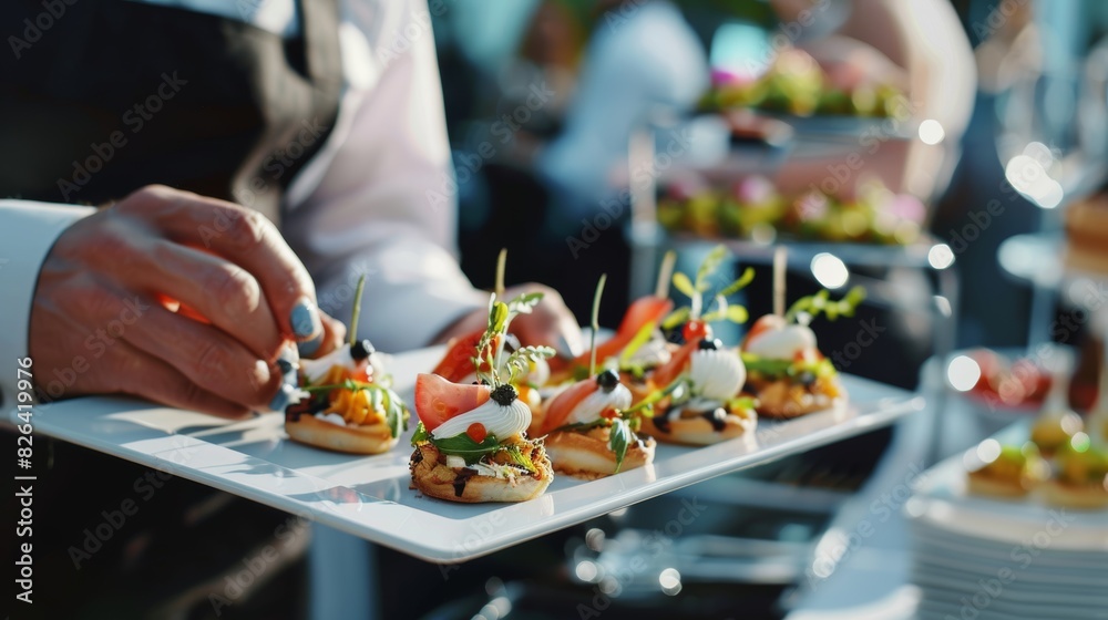 Waiter serving finger food dessert on the tray during a cocktail parties or events catering