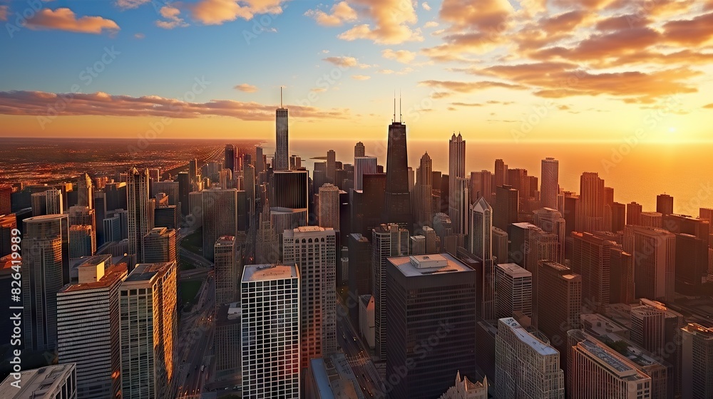 Obraz premium The city skyline basking in the warm glow of a sunset, creating a dramatic cityscape
