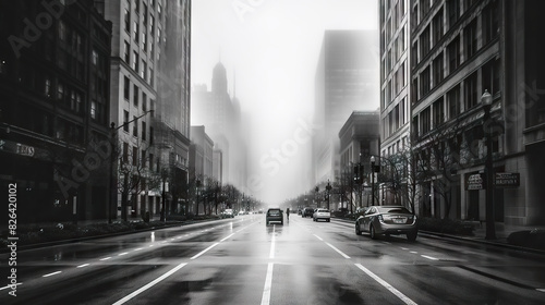A mystic urban scene featuring a fog-enshrouded street with cars and towering buildings  creating a moody ambiance