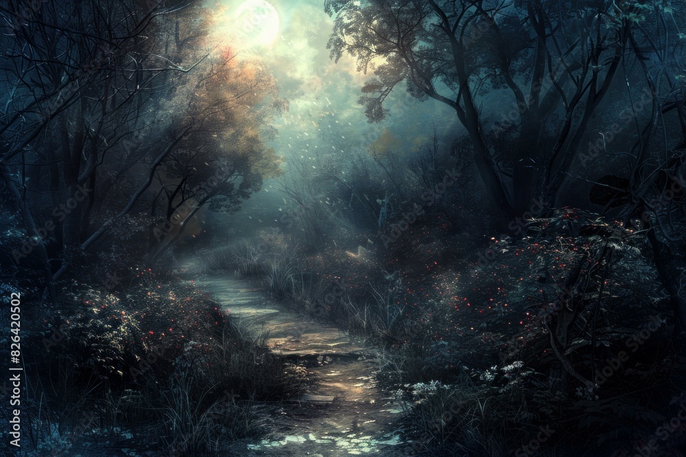 Tranquil and mysterious enchanted moonlit forest path in a mystical and ethereal lighting fantasy landscape. With magical woods and a serene and tranquil atmosphere