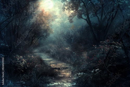 Tranquil and mysterious enchanted moonlit forest path in a mystical and ethereal lighting fantasy landscape. With magical woods and a serene and tranquil atmosphere