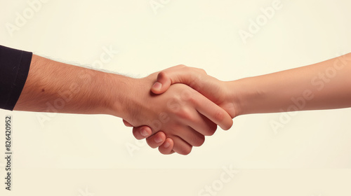 A close-up depiction of a handshake between two people on a beige background, illustrating a concept of agreement or greeting