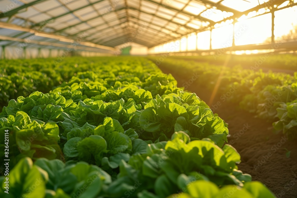Lush and vibrant green lettuce grows abundantly in a greenhouse, bathed in golden sunlight, showcasing sustainable agriculture Lush and vibrant green lettuce grows abundantly in a greenhouse, bathed in golden sunlight, showcasing sustainable agriculture