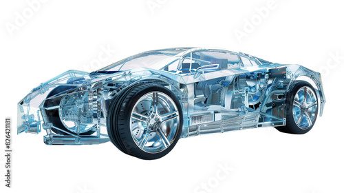 Translucent Robot Cars: Cars with transparent robot structures in a futuristic manner. Makes the interior of the car clearly visible. white background