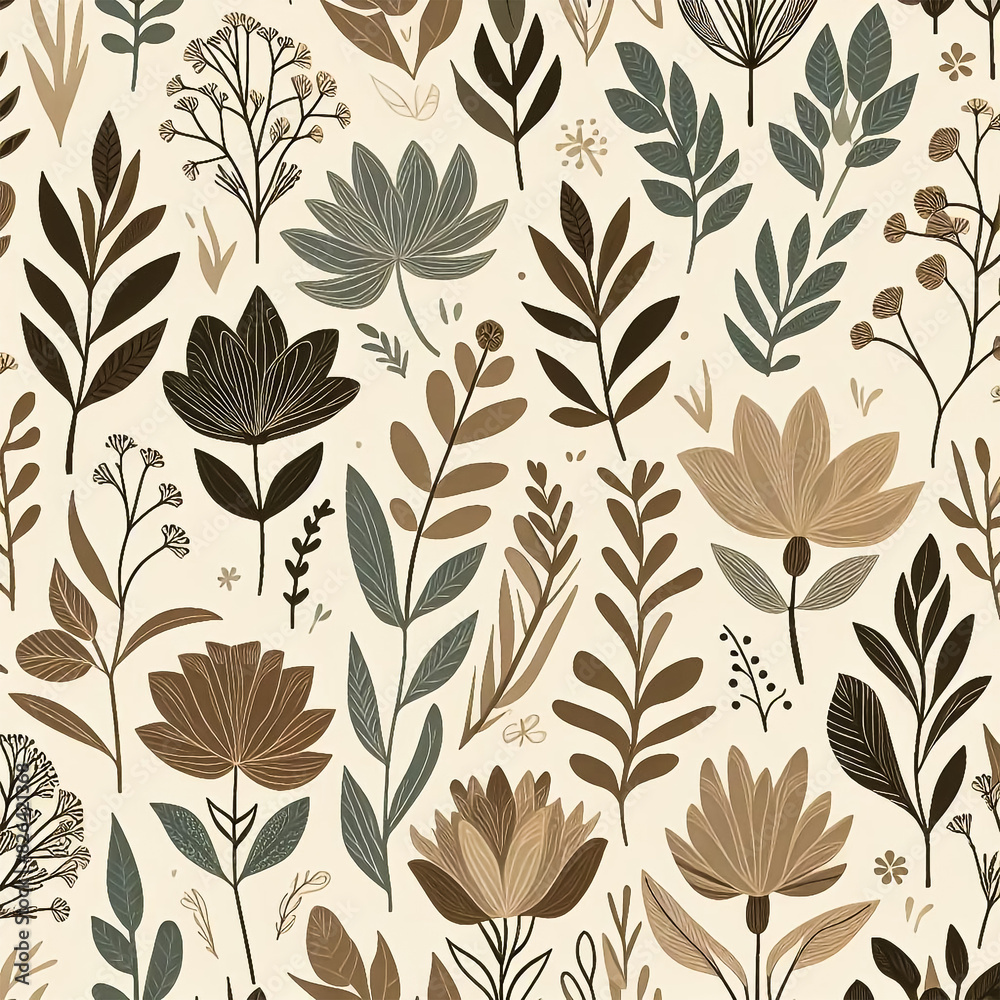 Seamless Hand-Drawn Botanical Pattern with Flowers and Leaves in Earthy Tones on Beige Background Seamless Hand-Drawn Botanical Pattern with Flowers and Leaves in Earthy Tones on Beige Background